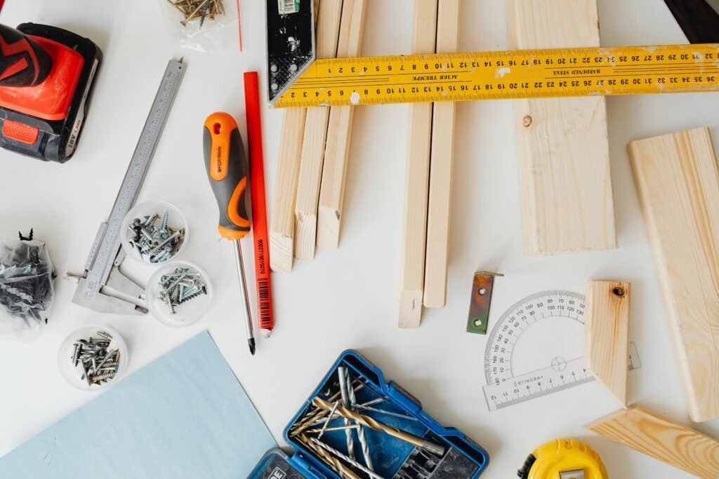 wood planks + tools flat lay